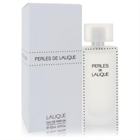 Lalique Perles De Lalique 3.3 oz Eau De Parfum. Elegant frosted glass bottle with distinctive black dot design.