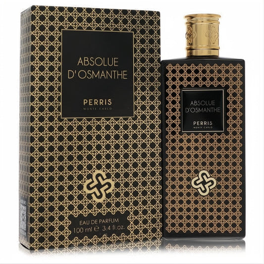 Luxurious Perris Monte Carlo Absolue D' Osmanthe 3.4 oz EDP. Sleek black bottle and box with elegant gold pattern and cap.