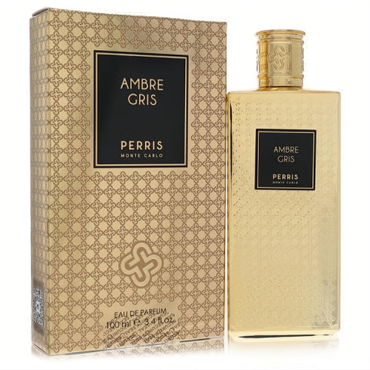 Perris Monte Carlo Ambre Gris 3.4 oz gold Eau De Parfum spray. Elegant bottle, black label, ornate gold cap, and matching luxury box.