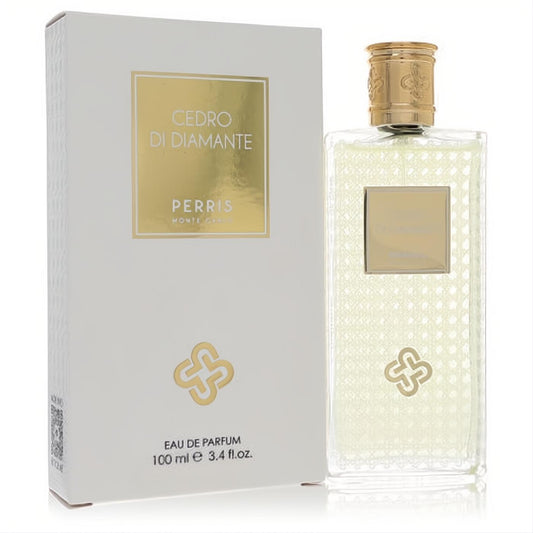 Exquisite Perris Monte Carlo Cedro Di Diamante 3.4 oz unisex EDP. White box, clear textured glass bottle with a luxurious gold cap.