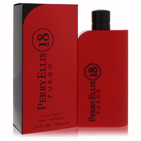 Ignite your senses with Perry Ellis 18 Fuego men's cologne. A striking red 3.4 oz bottle and box with sleek black branding.