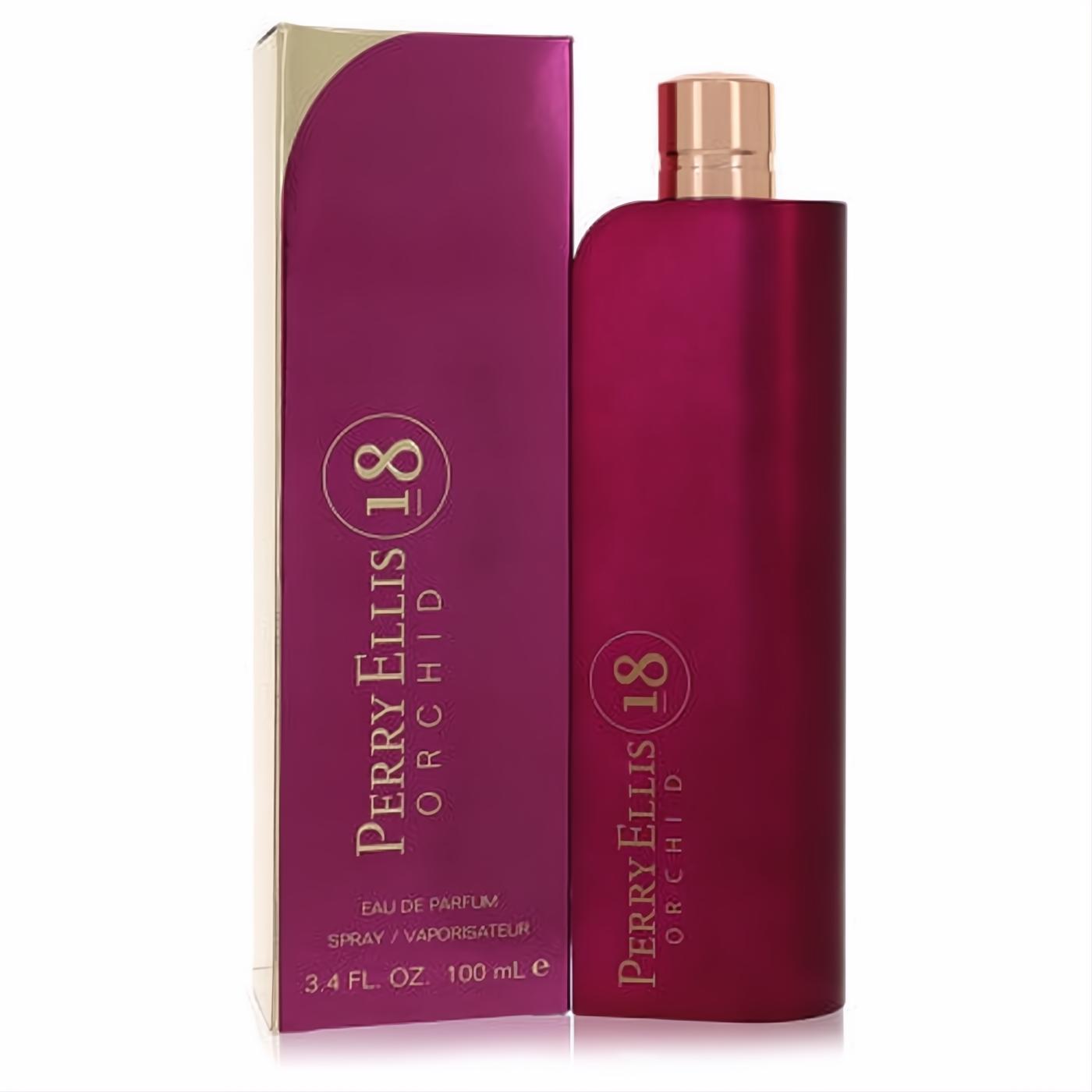 Perry Ellis 18 Orchid 3.4 oz women's Eau De Parfum. Sleek magenta bottle with gold cap and elegant matching box.