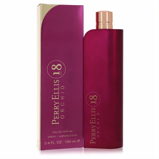Perry Ellis 18 Orchid 3.4 oz women's Eau De Parfum. Sleek magenta bottle with gold cap and elegant matching box.
