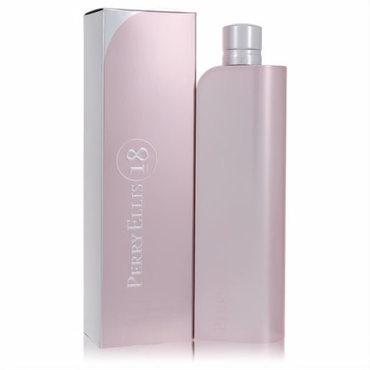 Perry Ellis 18 Eau De Parfum for women, a sleek 3.4 oz pink bottle with silver cap, displayed next to its elegant matching box.