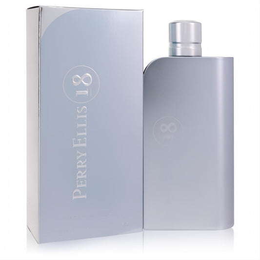 Perry Ellis 18 men's Eau De Toilette. Sleek silver 3.4 oz spray bottle and matching metallic box with bold branding.