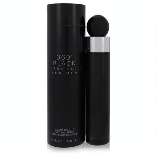 Sophisticated Perry Ellis 360 Black 3.4 oz EDT for men. Sleek black bottle with silver accent and matching box.