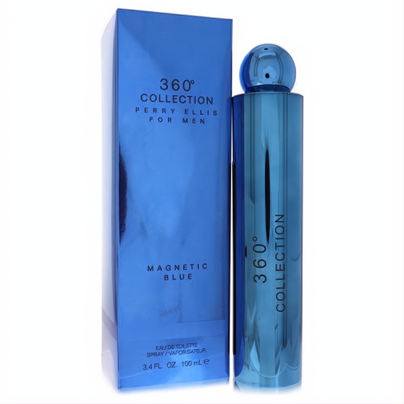 Perry Ellis 360 Magnetic Blue men's cologne. Vibrant metallic blue 3.4 oz bottle and sleek matching box.