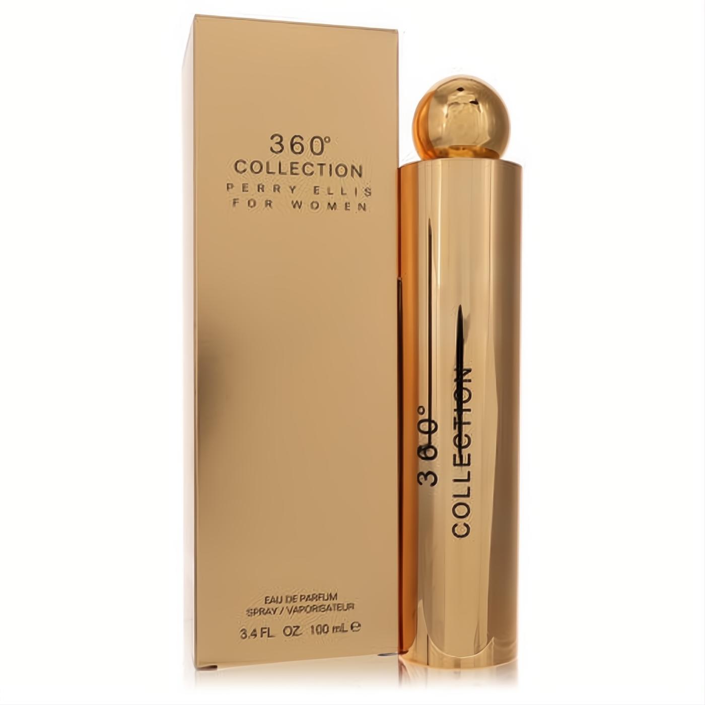 Elegant gold Perry Ellis 360 Collection Eau de Parfum spray, 3.4 oz. Sleek cylindrical bottle with spherical cap and matching box.