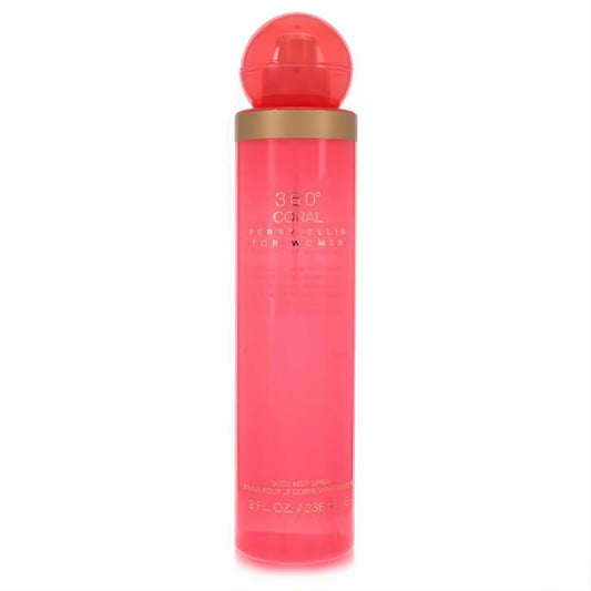 Vibrant coral Perry Ellis 360 Coral 8 oz body mist in a sleek plastic bottle with a gold band and spherical cap.