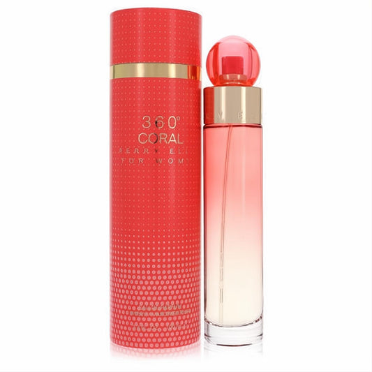 Vibrant Perry Ellis 360 Coral Eau De Parfum. Ombre coral to clear bottle with a round cap, beside a textured coral box.