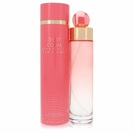 Perry Ellis 360 Coral Eau de Parfum for women, 6.7 oz. Elegant clear bottle with vibrant ombre coral liquid and a stylish matching box.