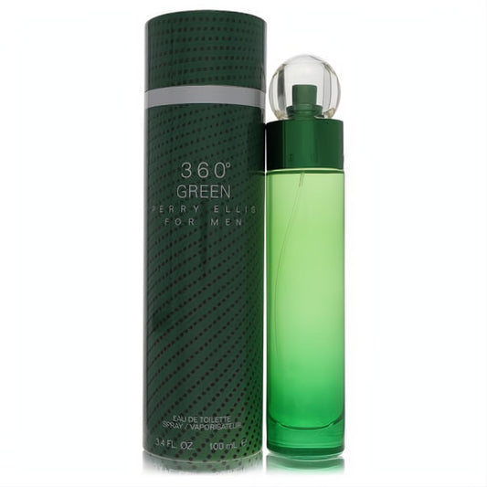 Perry Ellis 360 Green men's EDT spray, 3.4 oz, in a vibrant green bottle with a clear spherical cap and stylish patterned box.