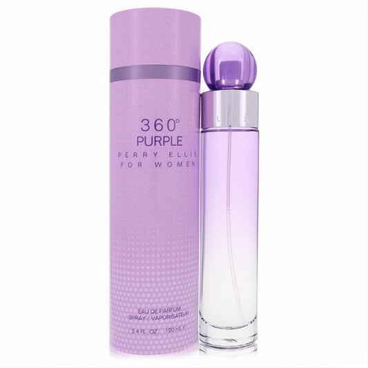 Perry Ellis 360 Purple 3.4 oz EDP. Elegant clear bottle with lavender liquid, unique purple spherical cap, and matching cylindrical box.