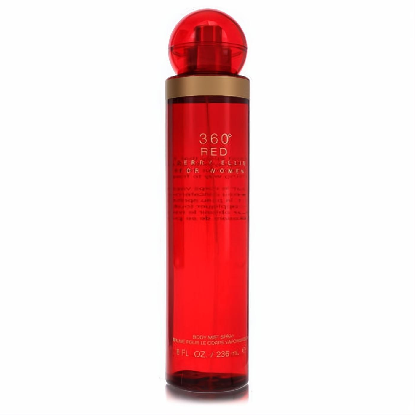 Perry Ellis 360 Red 8 oz body mist for women. Striking red bottle with elegant gold accents and a unique spherical cap.