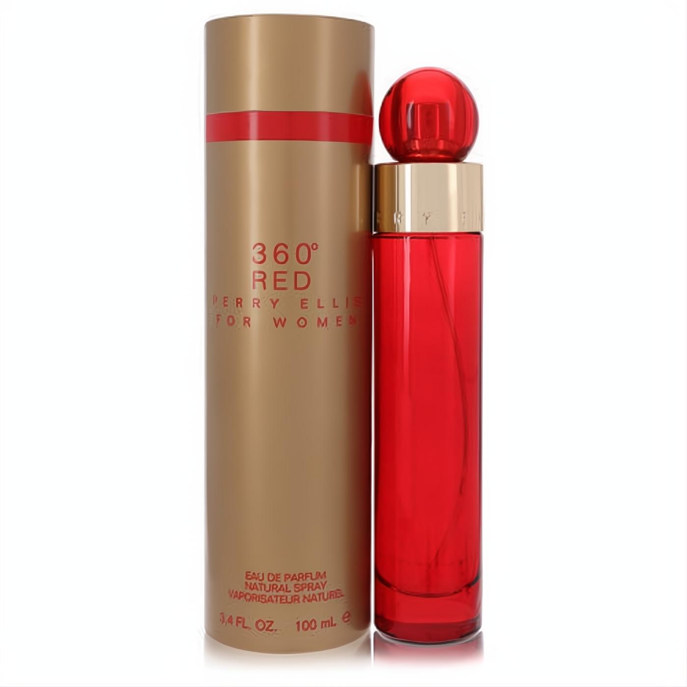 Perry Ellis 360 Red 3.4 oz women's perfume. Striking red glass bottle with gold accents, next to its chic gold and red box.