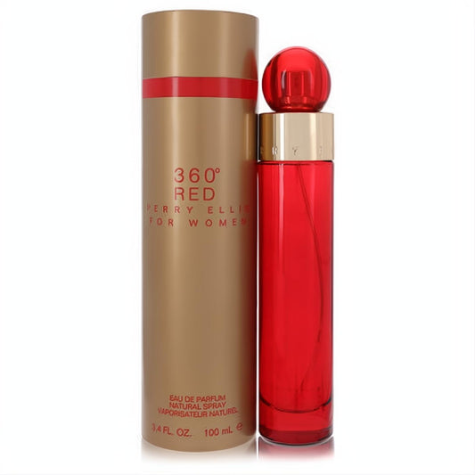 Perry Ellis 360 Red 3.4 oz women's perfume. Striking red glass bottle with gold accents, next to its chic gold and red box.