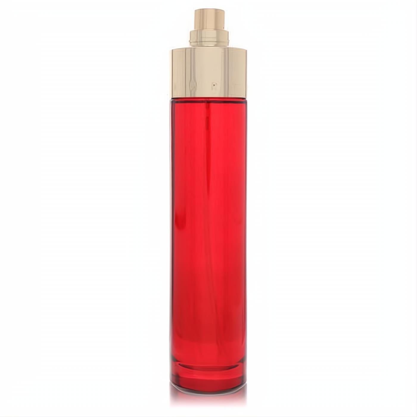 Sleek, vibrant red Perry Ellis 360 Red 3.4 oz Eau De Parfum spray for women, topped with an elegant gold cap.