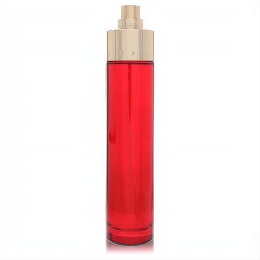 Sleek, vibrant red Perry Ellis 360 Red 3.4 oz Eau De Parfum spray for women, topped with an elegant gold cap.