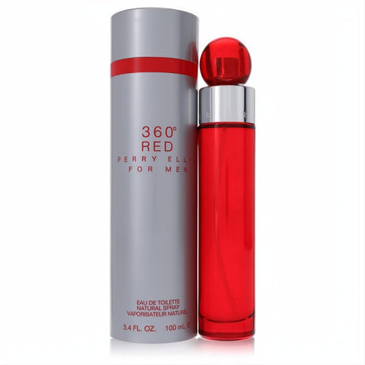 Perry Ellis 360 Red men's cologne: a striking red 3.4 oz bottle beside its sleek silver cylindrical box.