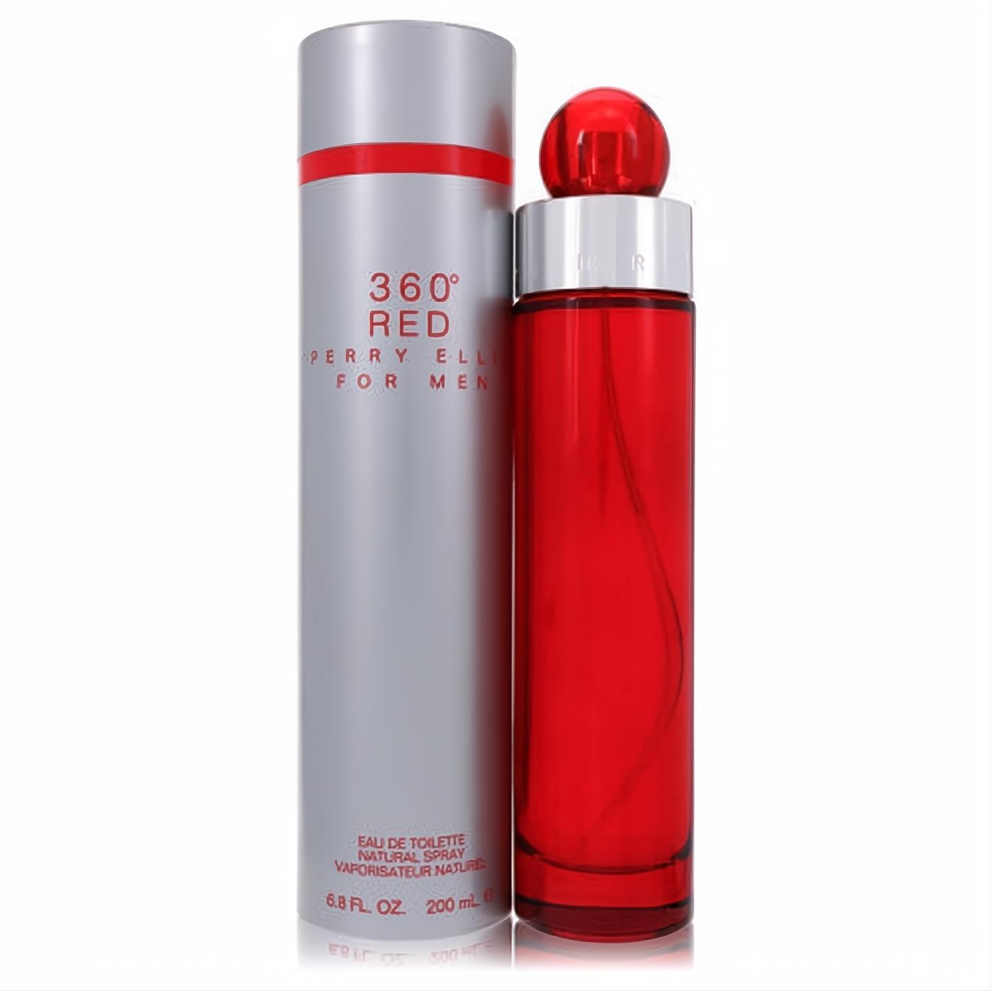 Experience Perry Ellis 360 Red Men's Eau De Toilette. Sleek red 6.8 oz spray bottle with silver cap, beside its stylish silver box.