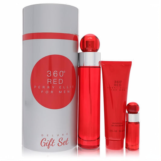 Luxurious Perry Ellis 360 Red men's fragrance gift set: 3.4 oz EDT, mini spray, and shower gel in a sleek red and white tube box.