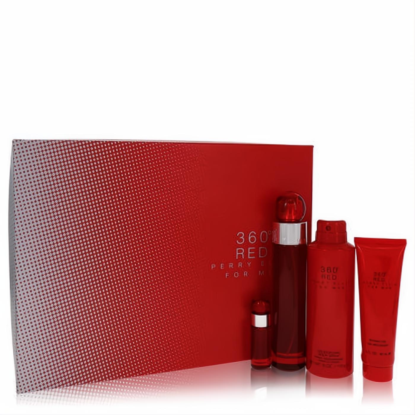 Bold red Perry Ellis 360 Red men's fragrance gift set. Includes 3.4 oz EDT, .25 oz mini, body spray, and shower gel.