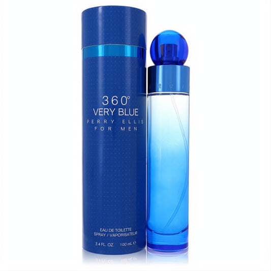 Perry Ellis 360 Very Blue men's cologne. Vibrant blue box and sleek 3.4 oz bottle with a distinctive spherical cap.