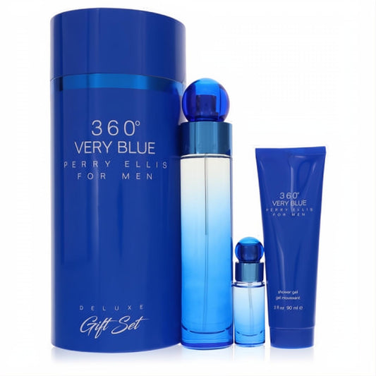 Perry Ellis 360 Very Blue men's gift set: 3.4 oz EDT, mini, and 3 oz shower gel in a sleek, vibrant blue package.