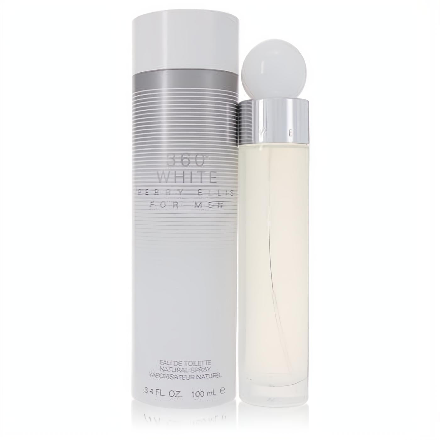 Perry Ellis 360 White 3.4 oz men's Eau De Toilette. Sleek white and silver box, clear bottle with modern spherical cap.