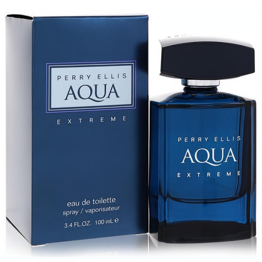 Perry Ellis Aqua Extreme 3.4 oz EDT spray for men. Discover the captivating scent in its sleek, dark blue glass bottle and matching box.