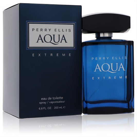 Perry Ellis Aqua Extreme men's 6.8 oz Eau De Toilette in a striking blue glass bottle with black cap, beside its matching box.