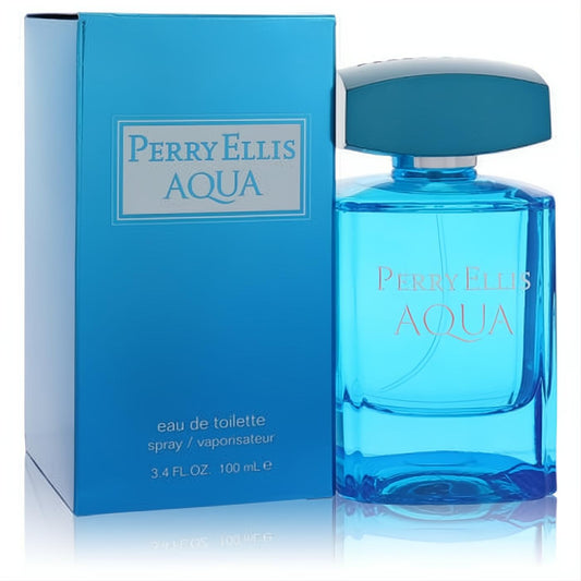 Sleek Perry Ellis Aqua men's 3.4 oz EDT spray in a vibrant aqua blue glass bottle with a unique cap, alongside its matching box.