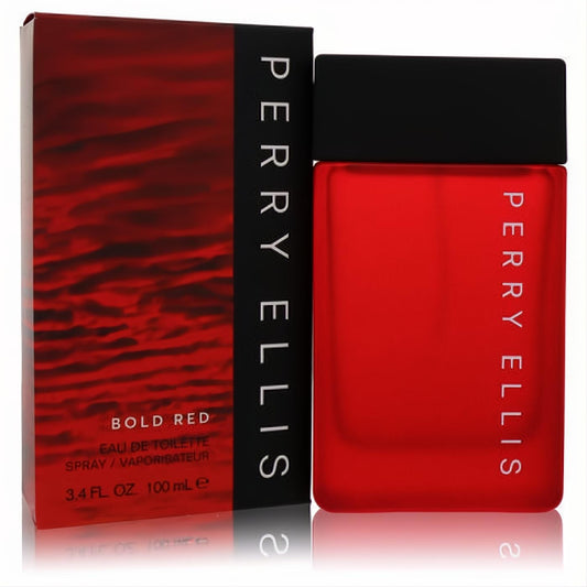 Perry Ellis Bold Red 3.4 oz men's fragrance. Vibrant red bottle, black cap, and matching textured box for a bold statement.