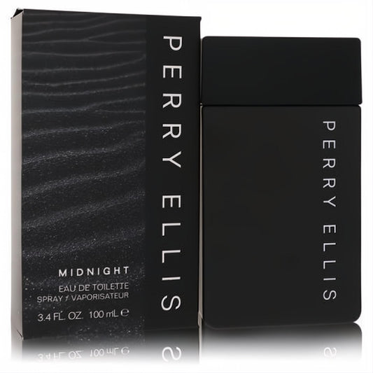 Striking Perry Ellis Midnight 3.4 oz EDT in a sleek matte black rectangular bottle and matching textured box.
