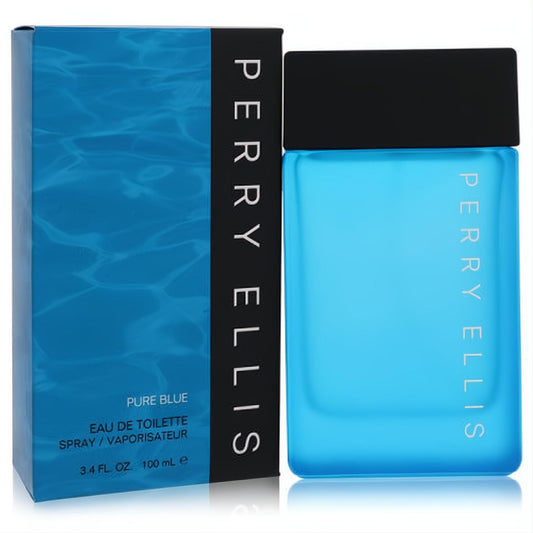 Perry Ellis Pure Blue 3.4 oz EDT spray. Vibrant blue bottle, black cap, and matching ripple-texture box for men.