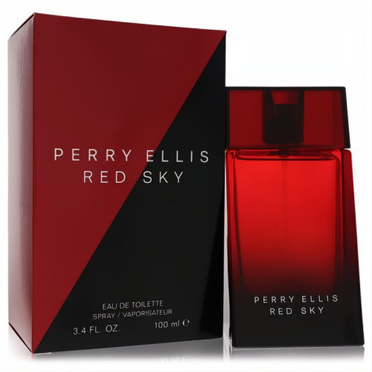 Bold Perry Ellis Red Sky 3.4 oz men's EDT. Features a sleek red-to-black glass bottle and modern, striking packaging.