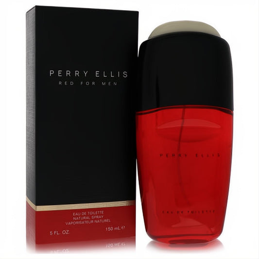 Vibrant Perry Ellis Red 5 oz Eau de Toilette for men in a sleek red glass bottle with its elegant black and red box.