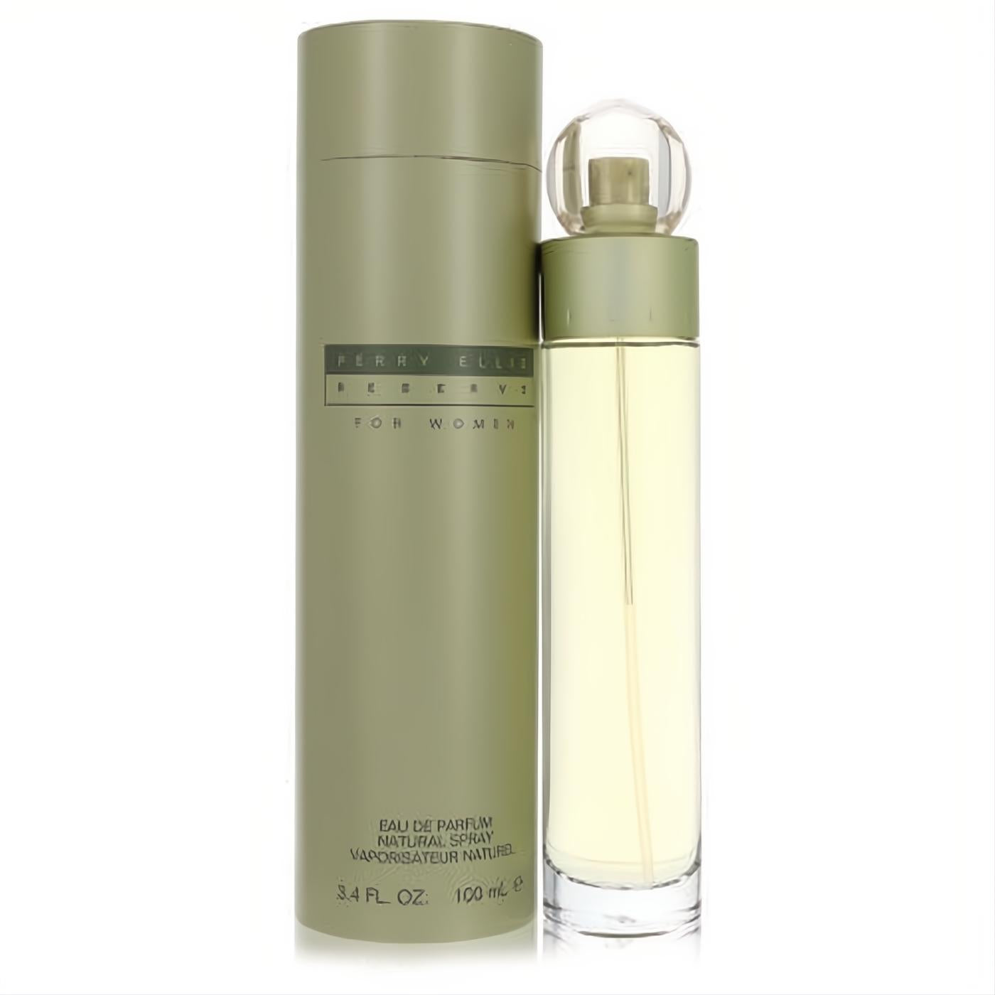 Captivating Perry Ellis Reserve for Women 3.4 oz EDP. Clear bottle with olive green cap and matching cylindrical box.