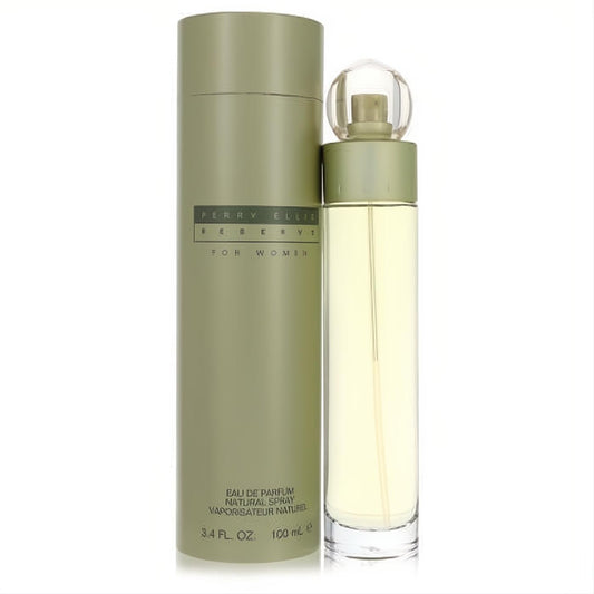 Captivating Perry Ellis Reserve for Women 3.4 oz EDP. Clear bottle with olive green cap and matching cylindrical box.