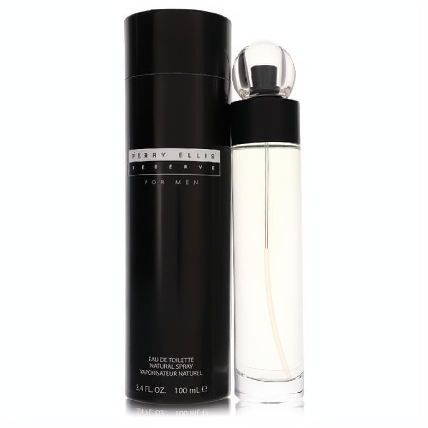 Perry Ellis Reserve 3.4 oz men's Eau De Toilette. Sleek black box and clear glass bottle with a modern spherical cap.