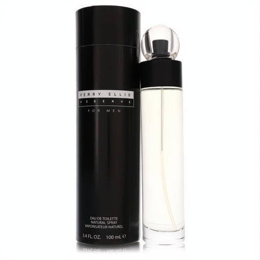 Perry Ellis Reserve 3.4 oz men's Eau De Toilette. Sleek black box and clear glass bottle with a modern spherical cap.