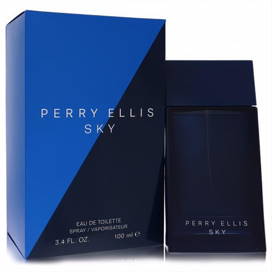 Perry Ellis Sky 3.4 oz EDT for men. Elegant dark blue bottle and box with a dynamic light blue accent, evoking freshness.