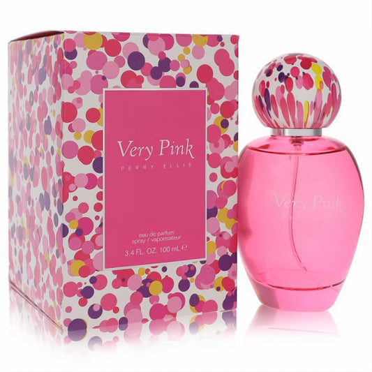 Vibrant Perry Ellis Very Pink 3.4 oz Eau De Parfum spray. Features a chic pink glass bottle, playful confetti cap, and matching polka-dot box.
