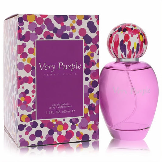 Elegant Perry Ellis Very Purple 3.4 oz EDP spray bottle in a rich fuchsia hue, featuring a unique multi-color spotted cap, displayed with its vibrant box.