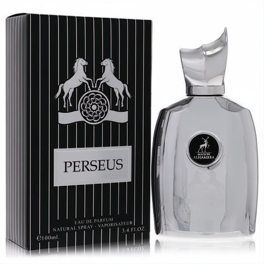 Perseus by Maison Alhambra 3.4 oz fragrance. Sleek silver bottle with distinctive sculpted cap, beside its elegant black and silver box.