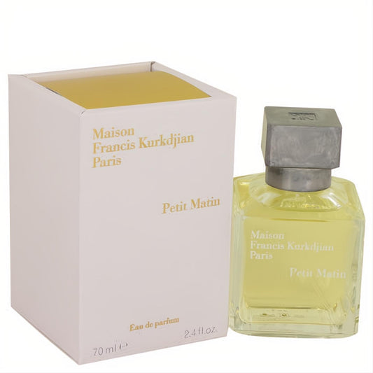 Maison Francis Kurkdjian Petit Matin 2.4 oz EDP. Elegant clear glass bottle with light yellow liquid and cream box.