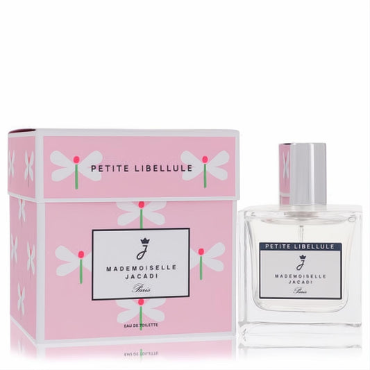 Charming Jacadi Petite Libellule Mademoiselle 1.69 oz EDT spray: clear glass bottle with silver cap, next to pink dragonfly box.