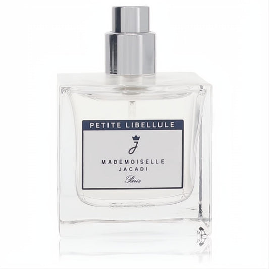 Jacadi Petite Libellule Mademoiselle 1.69 oz Eau De Toilette. Clear square glass bottle, sleek silver cap, elegant label.