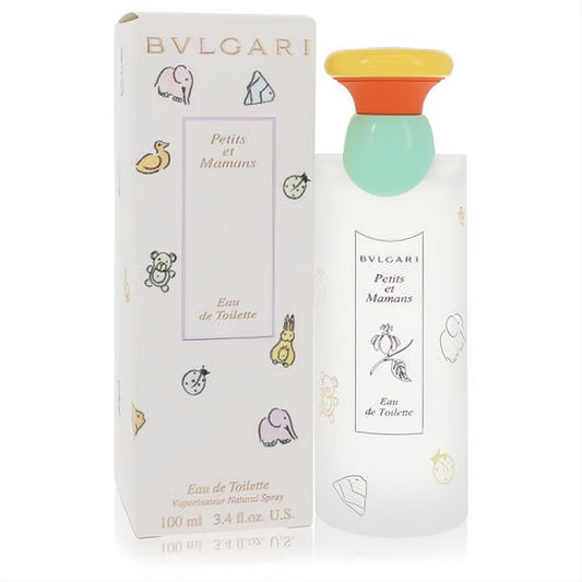 Experience Bvlgari Petits et Mamans 3.4 oz EDT. Charming frosted glass bottle, vibrant multi-color cap, and whimsical animal art.