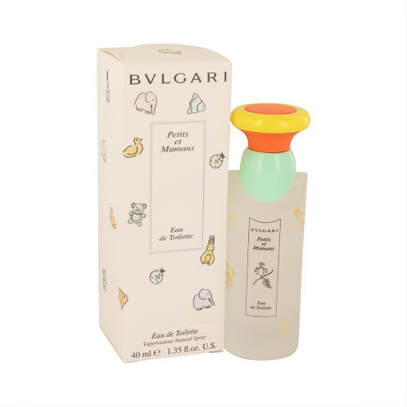 Bvlgari Petits & Mamans 1.3 oz EDT spray, featuring a whimsical animal-print box and frosted bottle with a vibrant orange and yellow cap.
